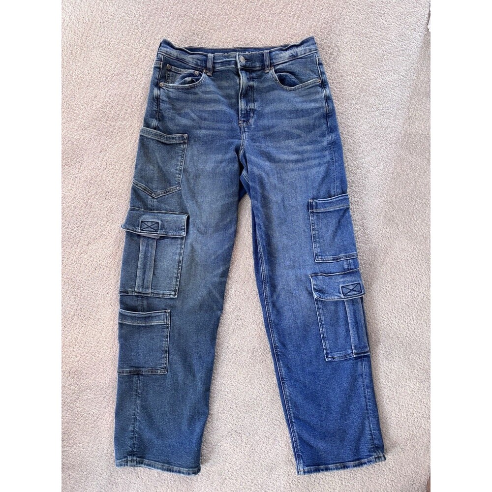American Eagle Super High Rise Baggy Straight Jeans Womens 12 Blue Cargo Stretch